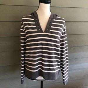 CABI Gray White Stripe Hoodie Top Rugby Stripe M